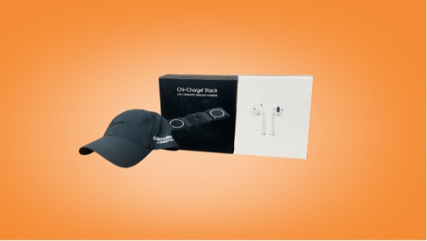 AttaBox branded baseball cap, Chi-Charger, and Airpods