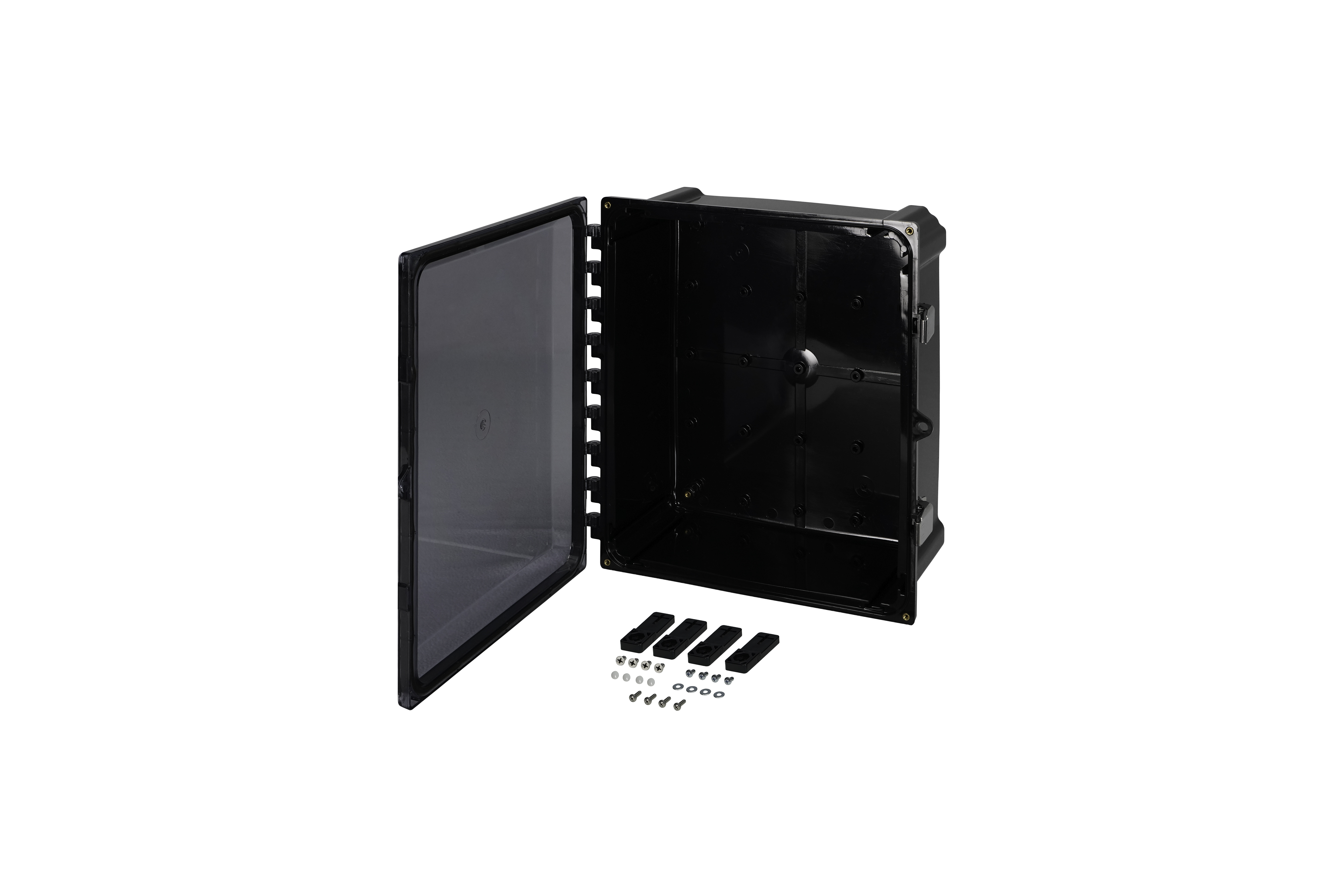 BK-AH14126CSS-QFL-Open.jpg Polycarbonate Enclosure 12 x 10 x 6 Inches Heartland Black with Clear Cover with Stainless Steel Latches by AttaBox®