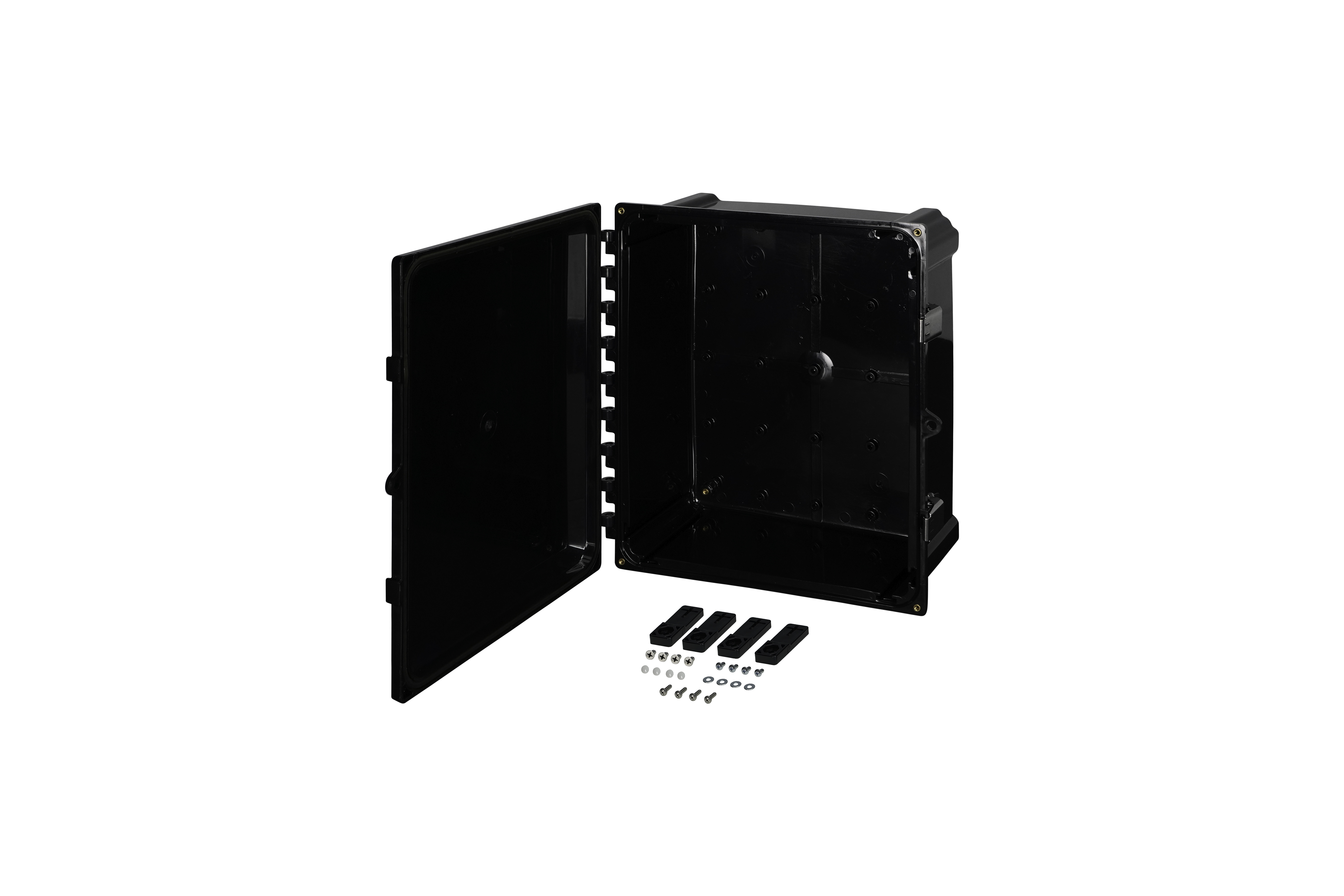 BK-AH14126SS-QFL-Open.jpg Polycarbonate Enclosure 12 x 10 x 6 Inches Heartland Black with Stainless Steel Latches by AttaBox®