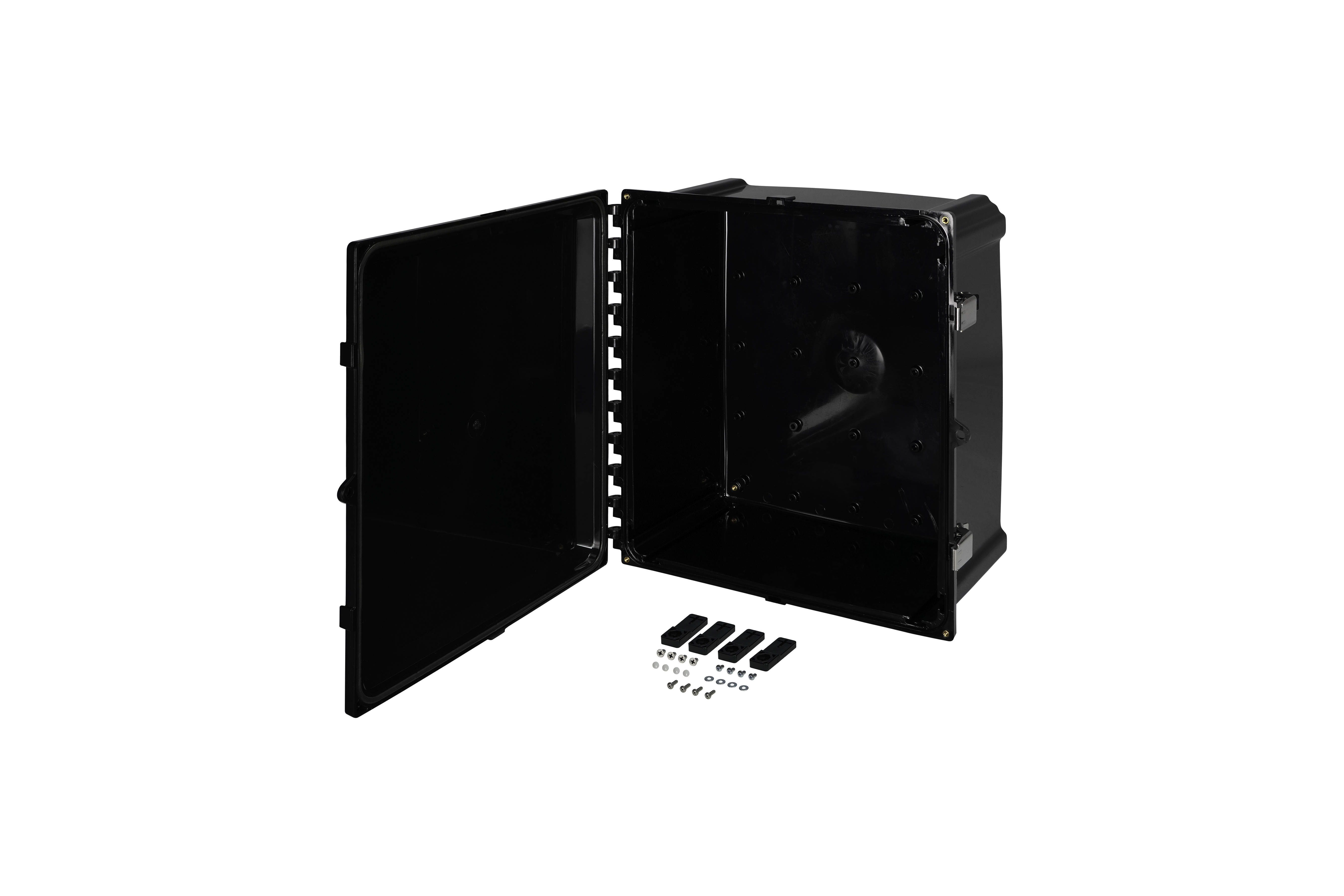 BK-AH16148SS-QFL-Open.jpg Polycarbonate Enclosure 16 x 14 x 8 Inches Heartland Black with Stainless Steel Latches by AttaBox®